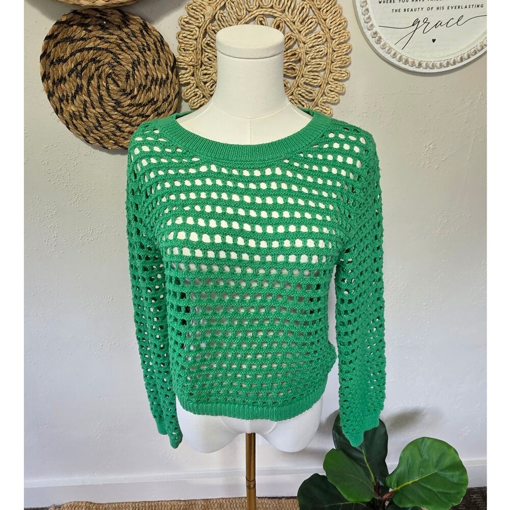 Freshman 1996 Green Fishnet Open Weave Bishop Sleeve Womens L Beachy Summer